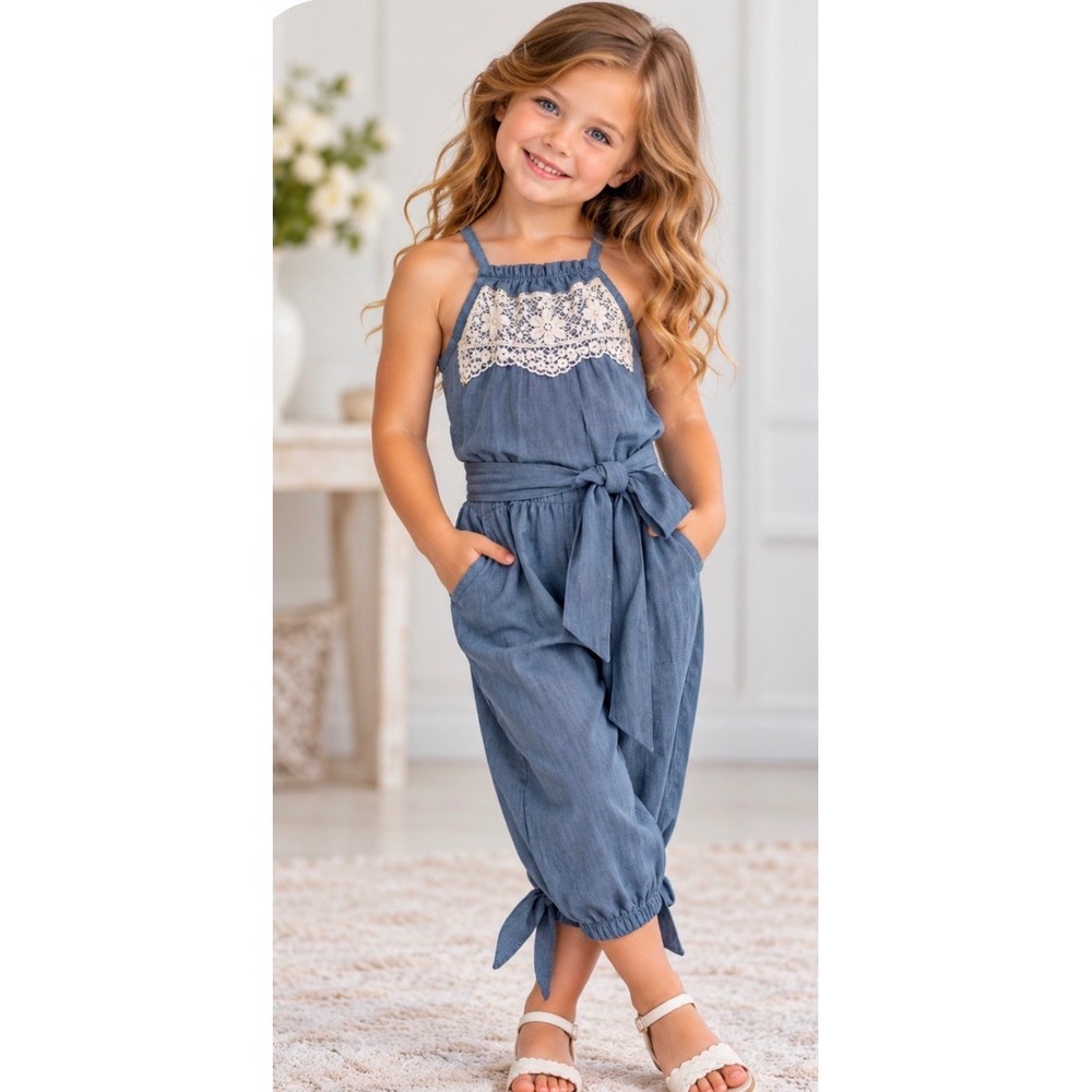 Baileys Blossoms Blue Chambray Baby Halter Romper White Lace Bib Neckline M